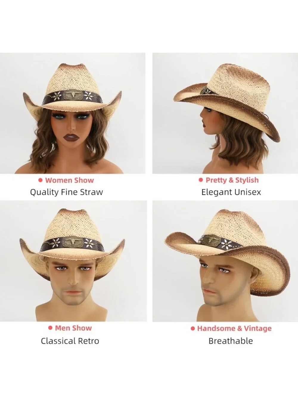 Men's Beige-m28 Straw Adjustable Wide Brim Sun Beach Western Cowgirl Cowboy Hat